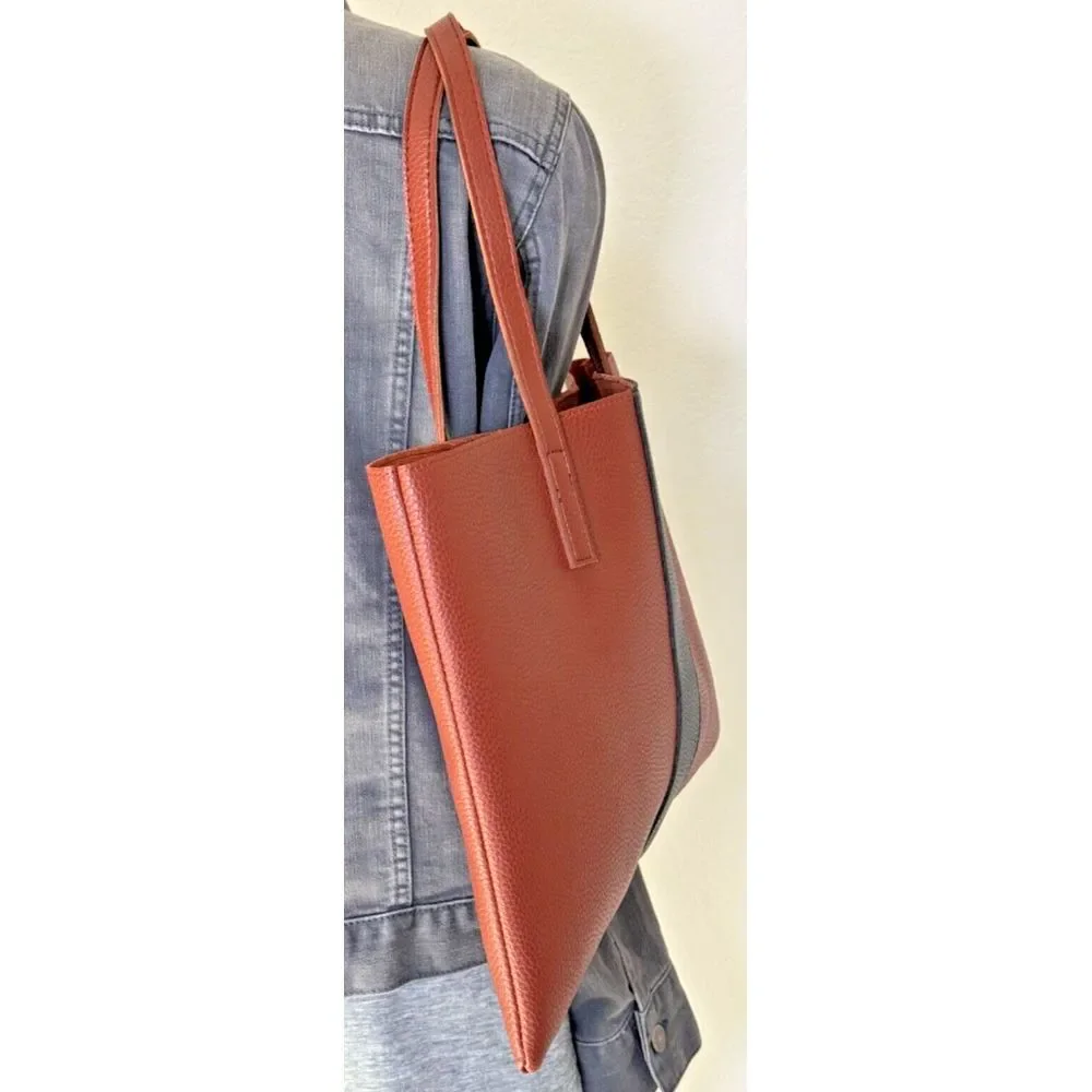 Vince Camuto Tote Brown Pebbled Vegan Leather Black Stripe CarryAll Shoulder Bag - Picture 5 of 8
